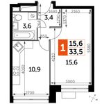 Планировка 1-комнатной квартиры, 33,5 м2