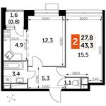 Планировка 2-комнатной квартиры, 43,3 м2