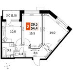Планировка 2-комнатной квартиры, 54,4 м2