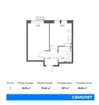 Планировка 1-комнатной квартиры, 34,15 м2