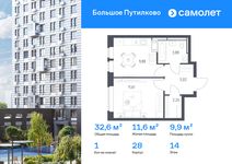 Планировка 1-комнатной квартиры, 32,63 м2