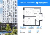Планировка 1-комнатной квартиры, 32,63 м2