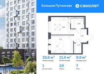 Планировка  1-комнатной квартиры, 32,63 м2