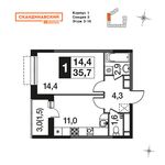 Планировка 1-комнатной квартиры, 34,9 м2