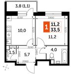 Планировка 1-комнатной квартиры, 33,5 м2