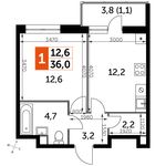 Планировка 1-комнатной квартиры, 36 м2