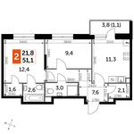 Планировка 2-комнатной квартиры, 51,1 м2