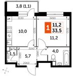 Планировка 1-комнатной квартиры, 33,5 м2