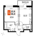 Планировка 1-комнатной квартиры, 36 м2