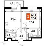 Планировка 1-комнатной квартиры, 37,4 м2