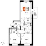 Планировка 3-комнатной квартиры, 64,5 м2