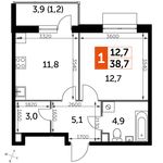 Планировка 1-комнатной квартиры, 38,7 м2