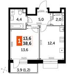 Планировка 1-комнатной квартиры, 38,6 м2