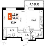 Планировка квартиры студии, 34,6 м2