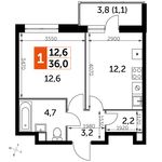 Планировка 1-комнатной квартиры, 36 м2
