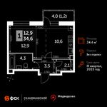 Планировка квартиры студии, 34,6 м2