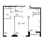 Планировка 2-комнатной квартиры, 83,3 м2