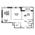 Планировка 2-комнатной квартиры, 91,6 м2