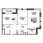 Планировка 3-комнатной квартиры, 98,8 м2