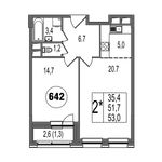 Планировка 2-комнатной квартиры, 53 м2