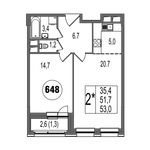 Планировка 2-комнатной квартиры, 53 м2