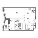 Планировка 2-комнатной квартиры, 51,4 м2