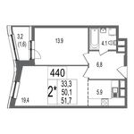Планировка 2-комнатной квартиры, 51,7 м2