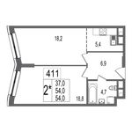 Планировка 2-комнатной квартиры, 54 м2