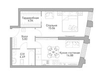 Планировка 1-комнатной квартиры, 45,03 м2