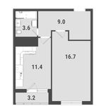 Планировка 1-комнатной квартиры, 41,7 м2