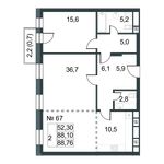 Планировка 2-комнатной квартиры, 89,3 м2