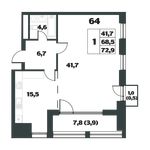 Планировка 1-комнатной квартиры, 72,9 м2