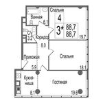 Планировка 3-комнатной квартиры, 88,7 м2