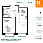 Планировка 2-комнатной квартиры, 36,39 м2