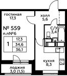 Планировка 1-комнатной квартиры, 36 м2