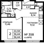 Планировка 2-комнатной квартиры, 36,6 м2