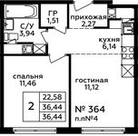 Планировка 2-комнатной квартиры, 36,5 м2