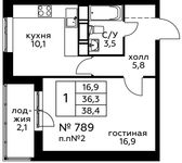 Планировка 1-комнатной квартиры, 38,3 м2
