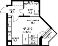 Планировка квартиры студии, 33,7 м2
