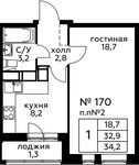 Планировка 1-комнатной квартиры, 34,3 м2