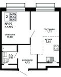 Планировка 2-комнатной квартиры, 36,69 м2