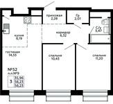 Планировка 3-комнатной квартиры, 56,23 м2
