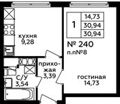Планировка 1-комнатной квартиры, 30,9 м2