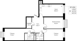 Планировка 3-комнатной квартиры, 87,7 м2