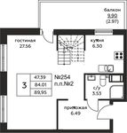 Планировка 3-комнатной квартиры, 89,6 м2