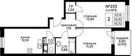 Планировка 2-комнатной квартиры, 55,6 м2