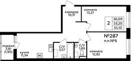 Планировка 2-комнатной квартиры, 55,1 м2