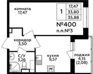 Планировка 1-комнатной квартиры, 35,88 м2