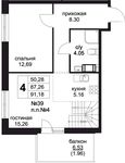 Планировка 4-комнатной квартиры, 91,1 м2