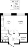 Планировка 1-комнатной квартиры, 32,58 м2